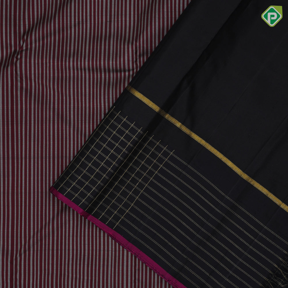 Maroon and silver grey stripes design black with gold zari tazhampoo design purple edge border traditional silk saree