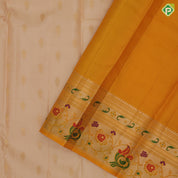 peach cream gold zari fancy flower butta motifs mango yellow silver zari paithani border fancy gift silk saree