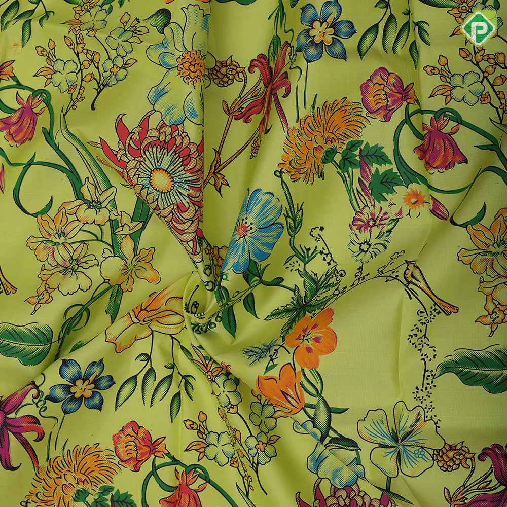 Lemon yellow base multi color digital print design rose pink gold zari peacock butta border pattu paavadai lehanka