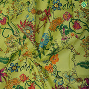 Lemon yellow base multi color digital print design rose pink gold zari peacock butta border pattu paavadai lehanka