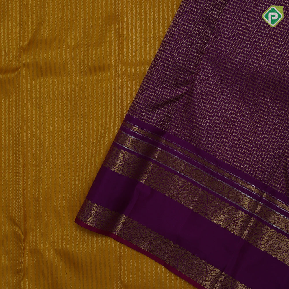 Yellow gold zari stripes design Purple gold zari three lines mid gap border retro traditional silk saree