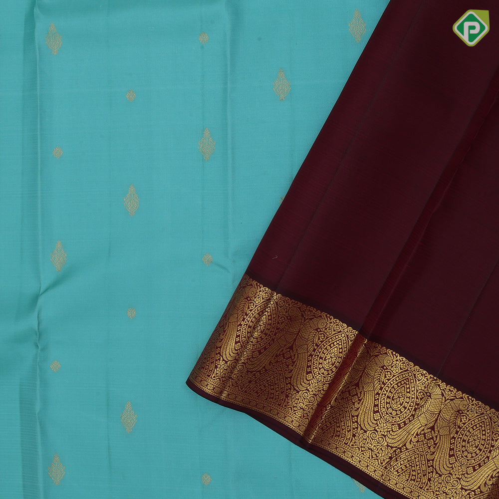 Bermuda Gold Zari Small Motif Design Dark Brown Peacock Ruthracham Border Deign Traditional Silk Saree