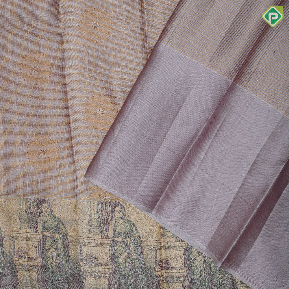 Mint green gold zari kattam checked round butta self thamayanthi stading posture art effect painting signature silk saree