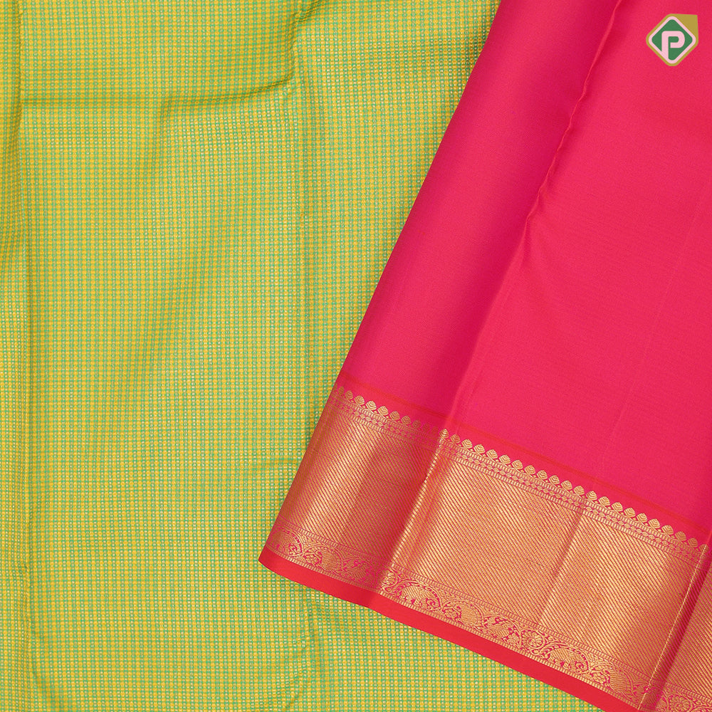 yellow green gold zari micro checks design reddish pink gold zari bavanji border retro traditional silk saree