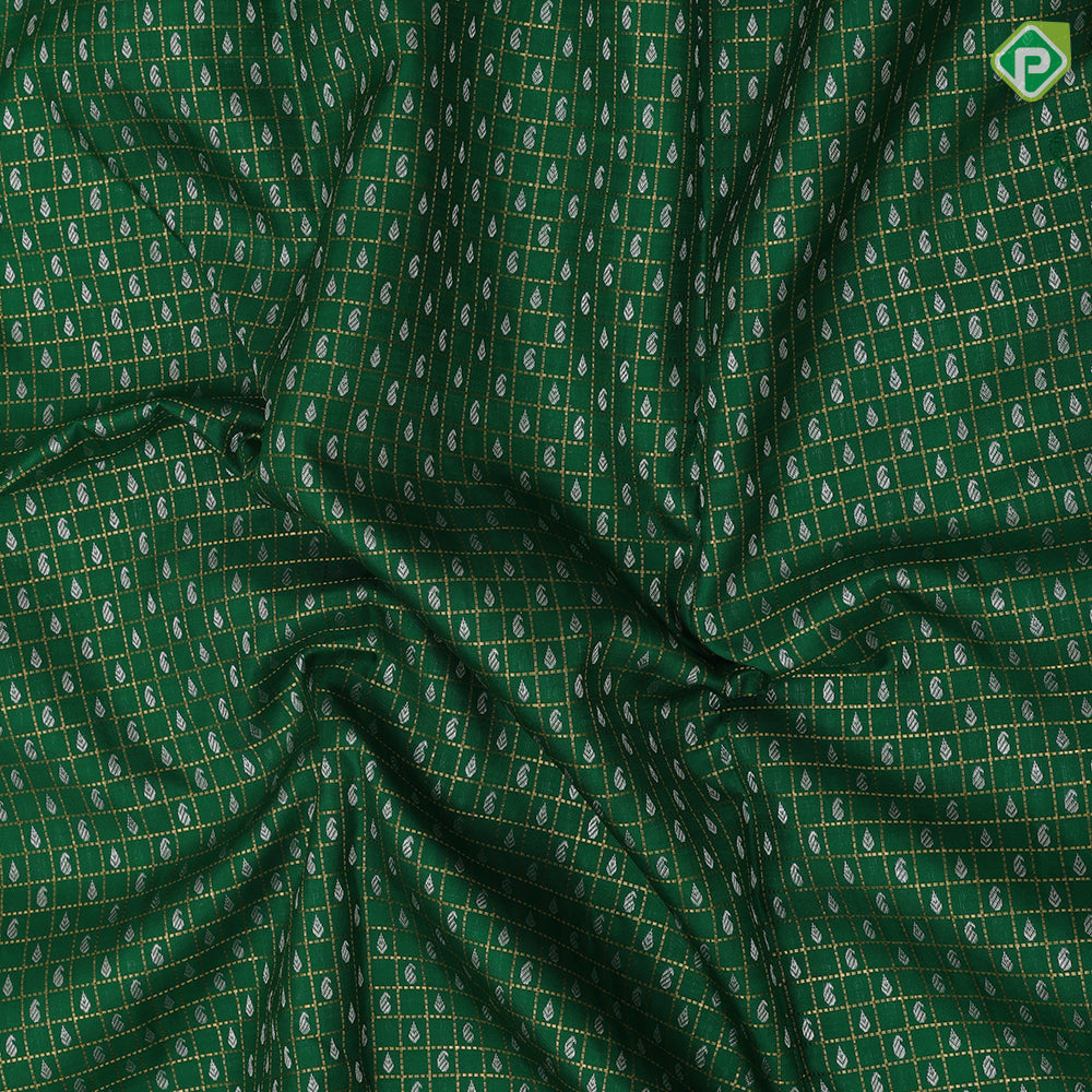 Jungle Green Gold Silver Zari Vairaoosi Checks Small Mango Design Rani Pink Train Track Type Thilagam Border Design Traditional Silk Saree