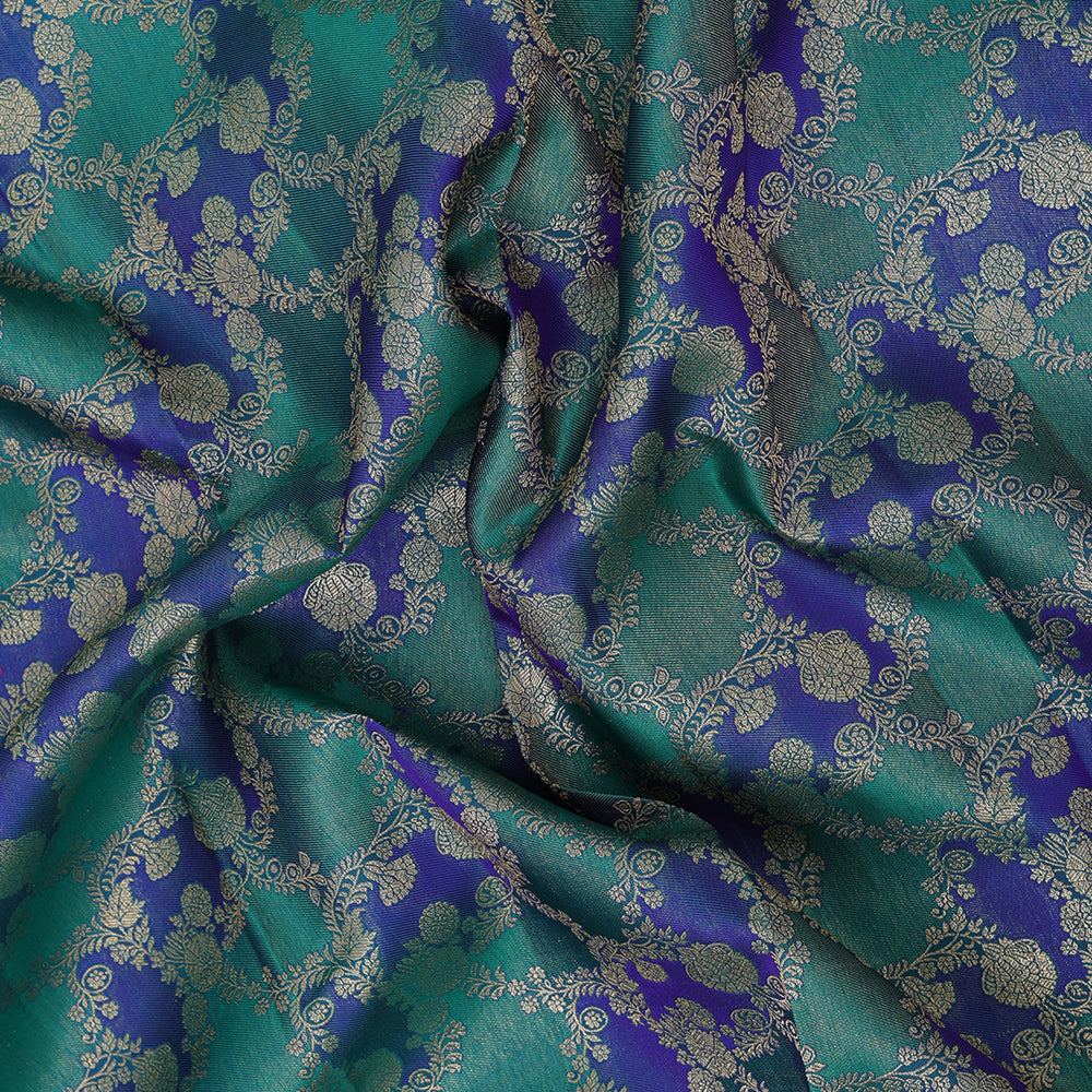 Peacock green and blue with gold zari grand rangat design self silver gold zari three lines design border bridal silk saree