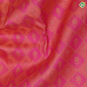 Peach orange and pink combo gold zari butta checks self gold zari multi lines border self weaved silk saree
