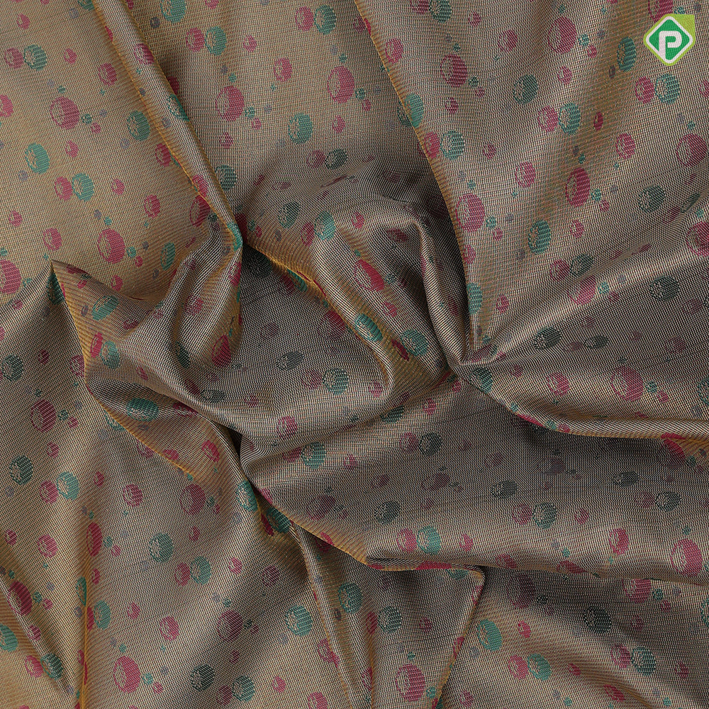peach green base gold zari by zari tissue multi color bubbles self hibiscus flower design border trendy designer silk saree