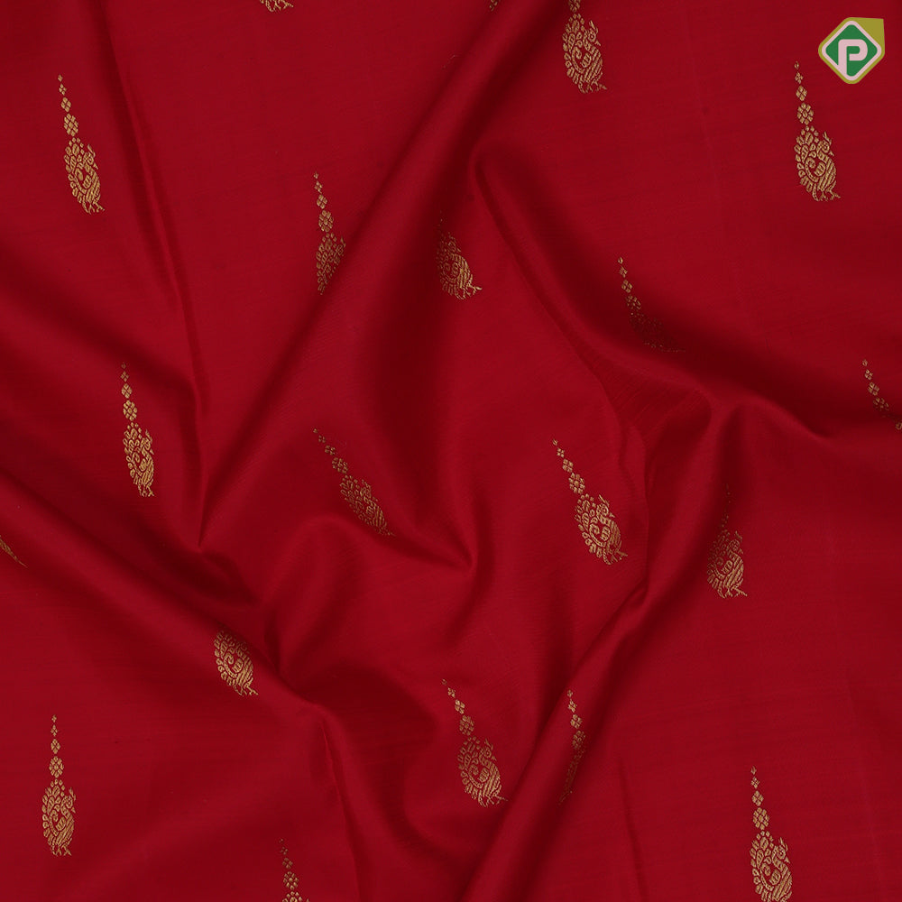 Red Gold Zari Peacock Butta Design Self Colour Waves Ruthracham Thilagam Border Design Traditional Silk Saree