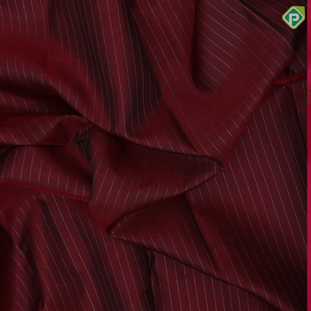 Magenta copper gold zari beads stripes design dark green plain gold zari two lines border traditional silk saree