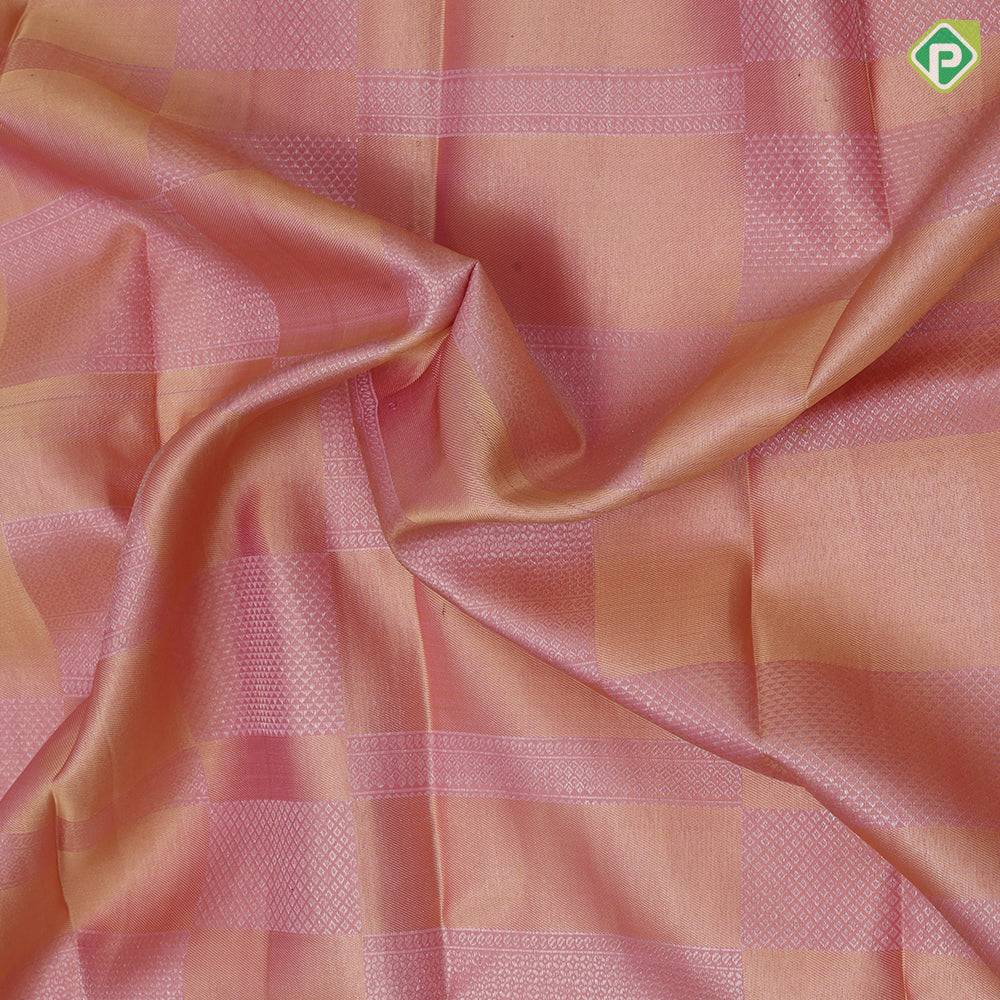 pink and peach self designed shapes design self silver zari rangoli lines border trendy designer silk saree