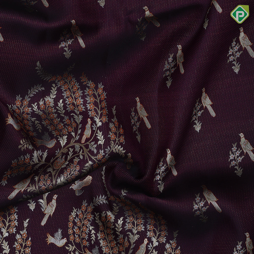 Maroon brown silver gold zari meena work self goldish diamond design border pallu concept exclusive bridal silk saree
