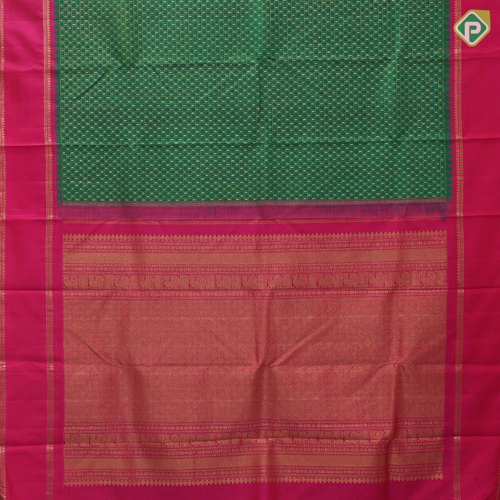 Jungle Green Gold Silver Zari Vairaoosi Checks Small Mango Design Rani Pink Train Track Type Thilagam Border Design Traditional Silk Saree