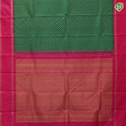 Jungle Green Gold Silver Zari Vairaoosi Checks Small Mango Design Rani Pink Train Track Type Thilagam Border Design Traditional Silk Saree