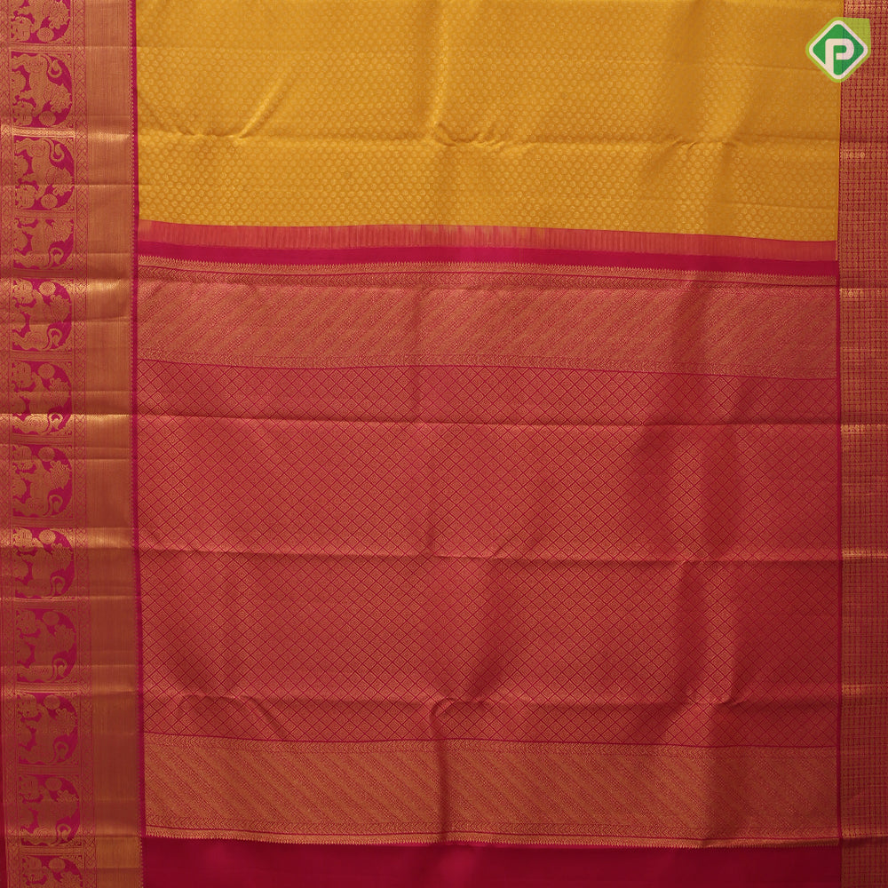 Mustard Yellow Gold Zari Ruthracham Design Rani Pink Yazhi Border Design Traditional Silk Saree