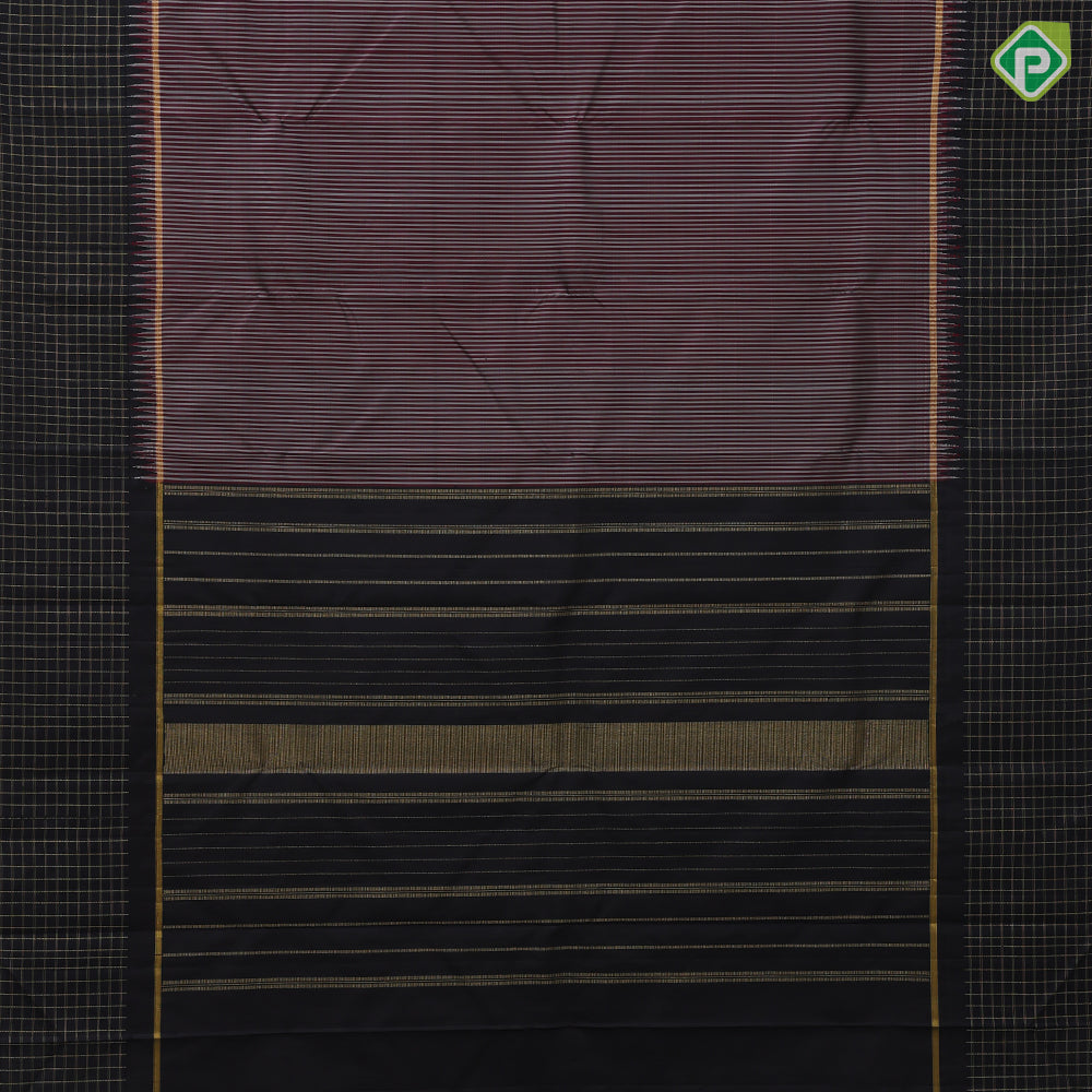 Maroon and silver grey stripes design black with gold zari tazhampoo design purple edge border traditional silk saree
