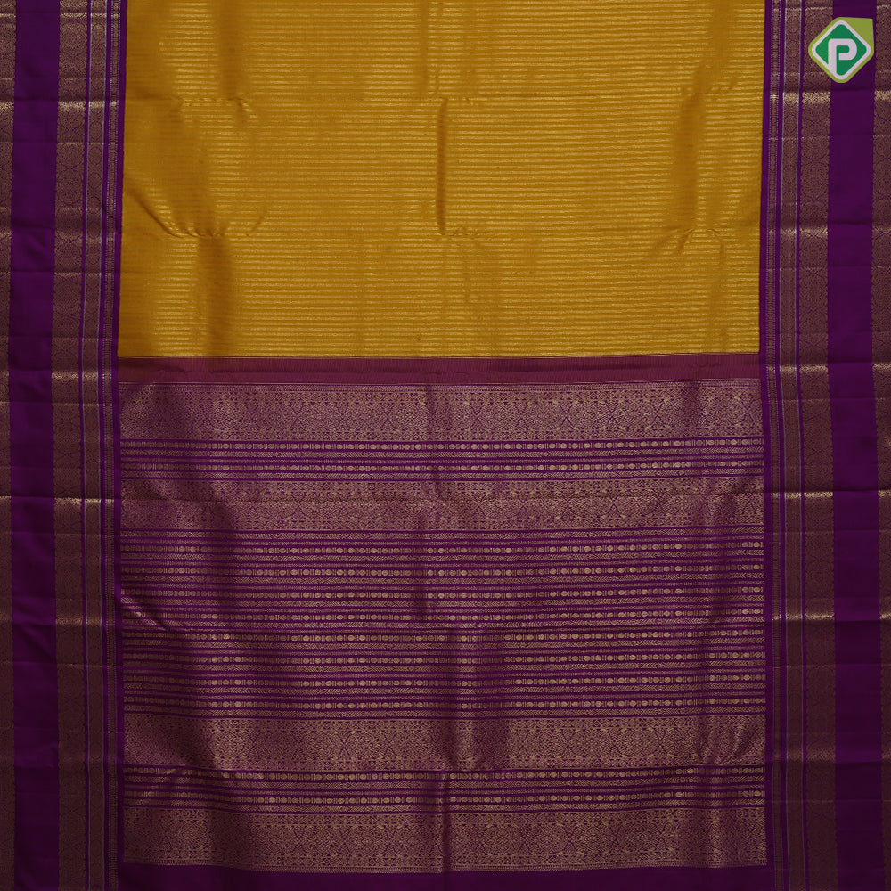 Yellow gold zari stripes design Purple gold zari three lines mid gap border retro traditional silk saree