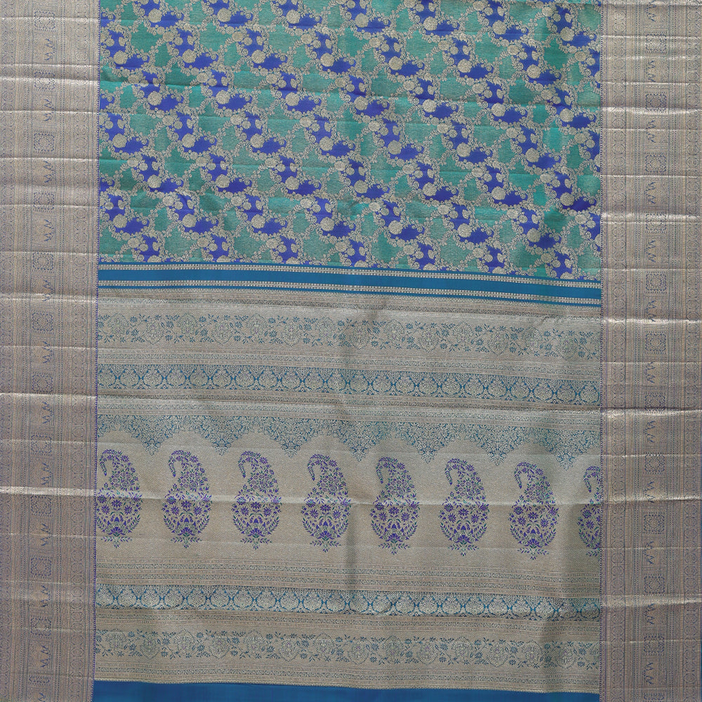 Peacock green and blue with gold zari grand rangat design self silver gold zari three lines design border bridal silk saree