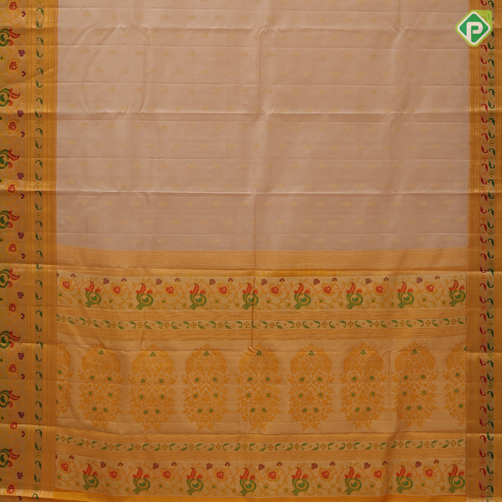 peach cream gold zari fancy flower butta motifs mango yellow silver zari paithani border fancy gift silk saree