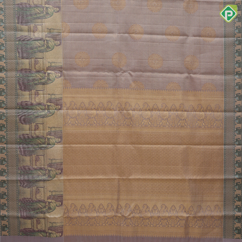 Mint green gold zari kattam checked round butta self thamayanthi stading posture art effect painting signature silk saree