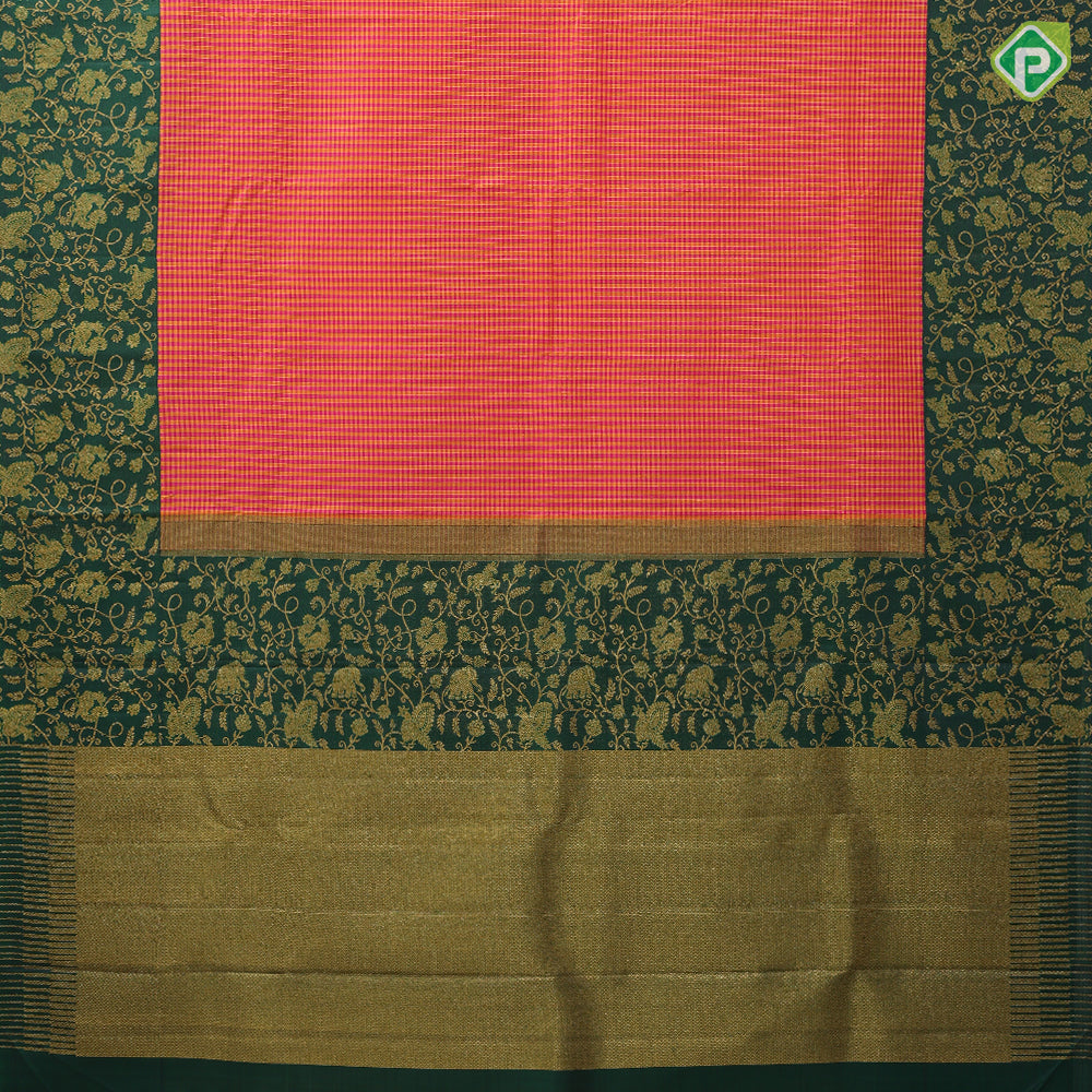 Multi color micro madras checks design dark green gold zari vanasingaram design border traditional silk saree