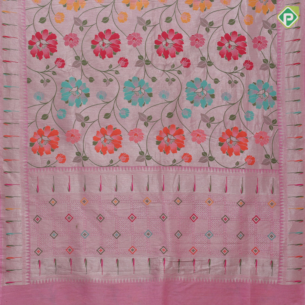 Pastel pink multi color meena work banaras design self designed border tusser tissue saree