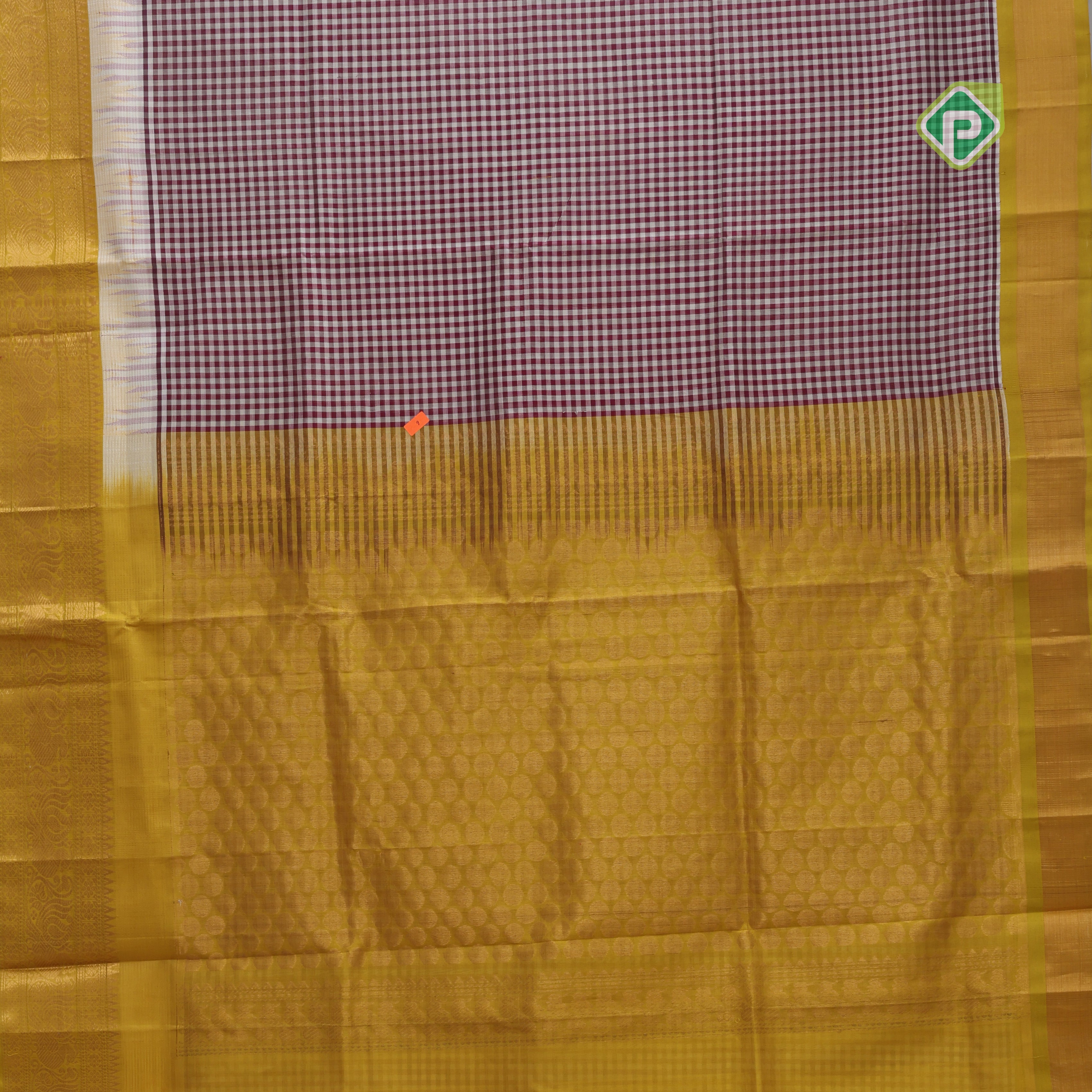 Maroon base Multi color checked grand pallu Lemon green gold zari koorvai temple border silk cotton saree