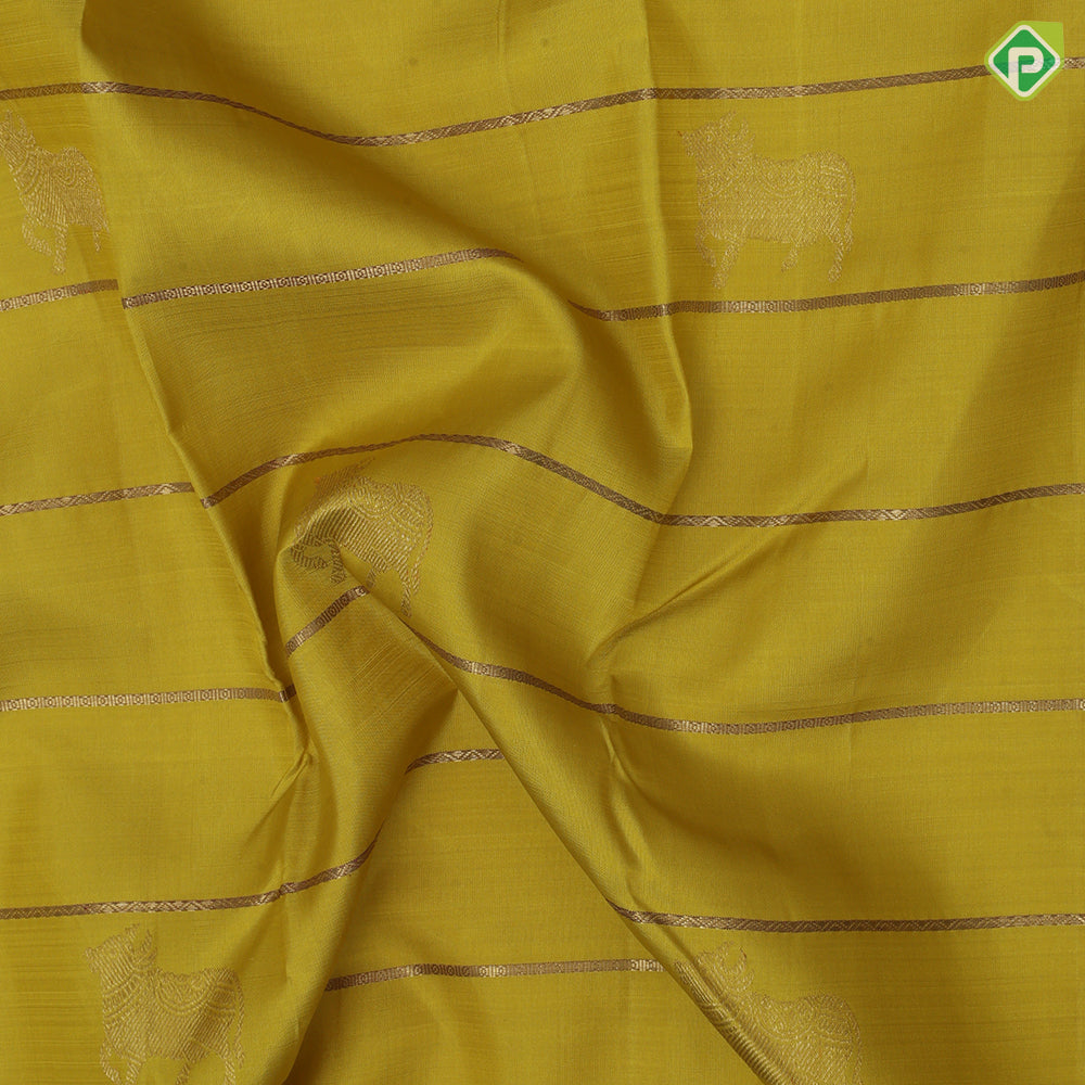 Lemon yellow gold zari Gomadha and zari lines self gold zari and purple edge border traditional silk saree