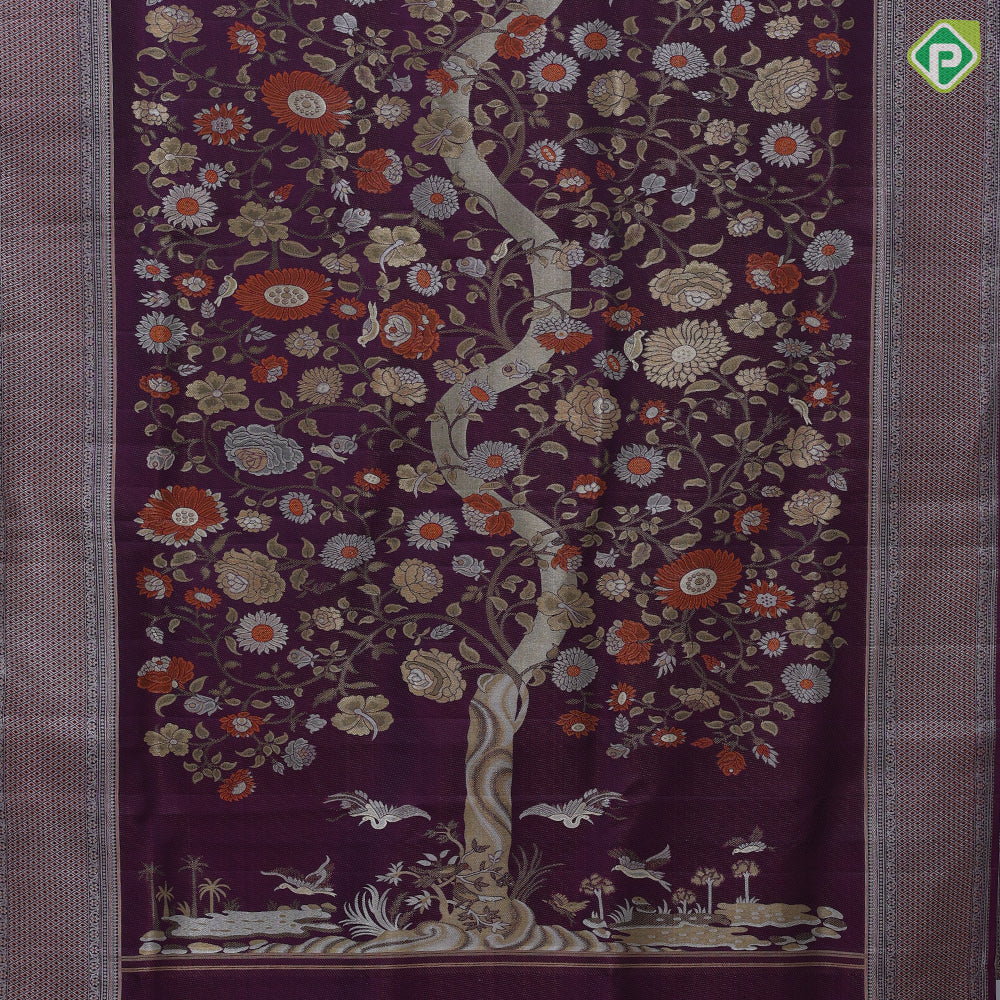 Maroon brown silver gold zari meena work self goldish diamond design border pallu concept exclusive bridal silk saree