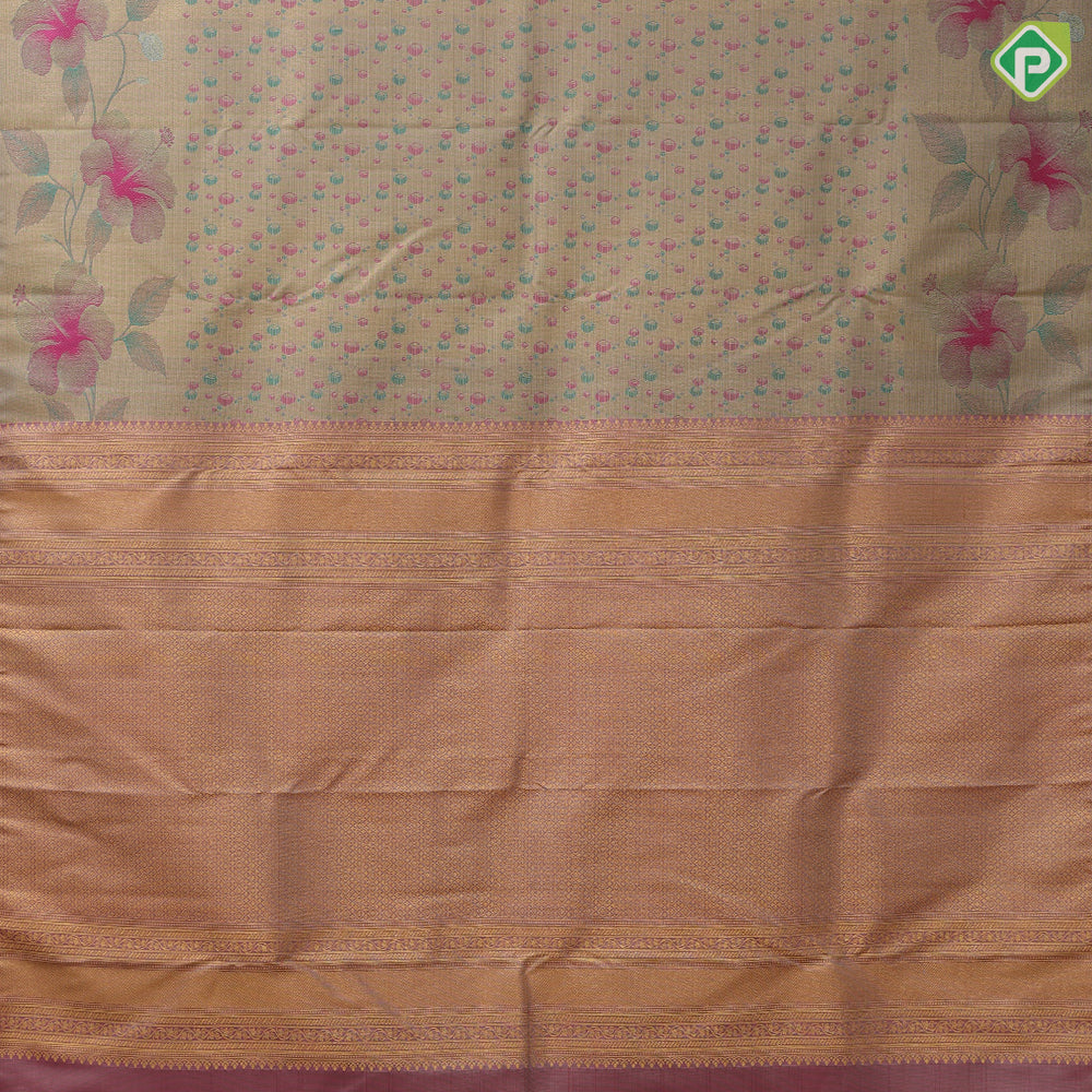 peach green base gold zari by zari tissue multi color bubbles self hibiscus flower design border trendy designer silk saree