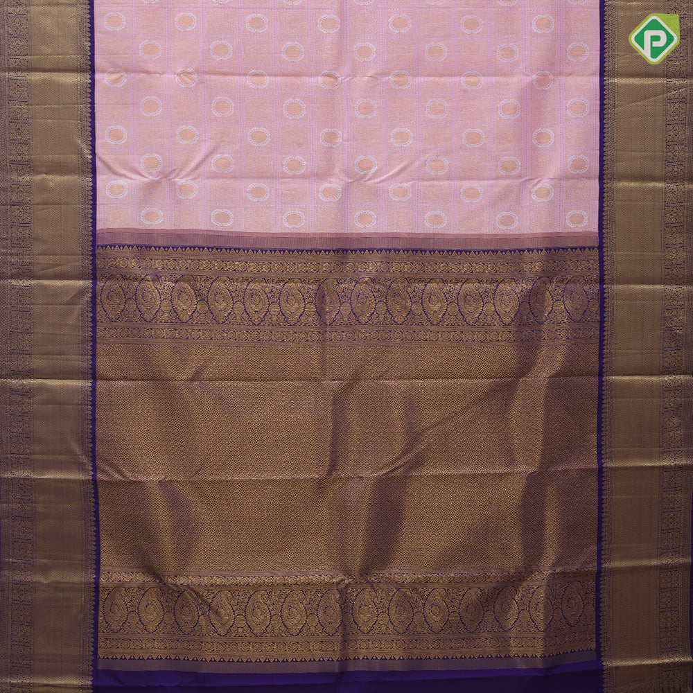 Baby pink gold zari annam and round meena work butta checks purple blue gold zari cross lines border bridal silk saree