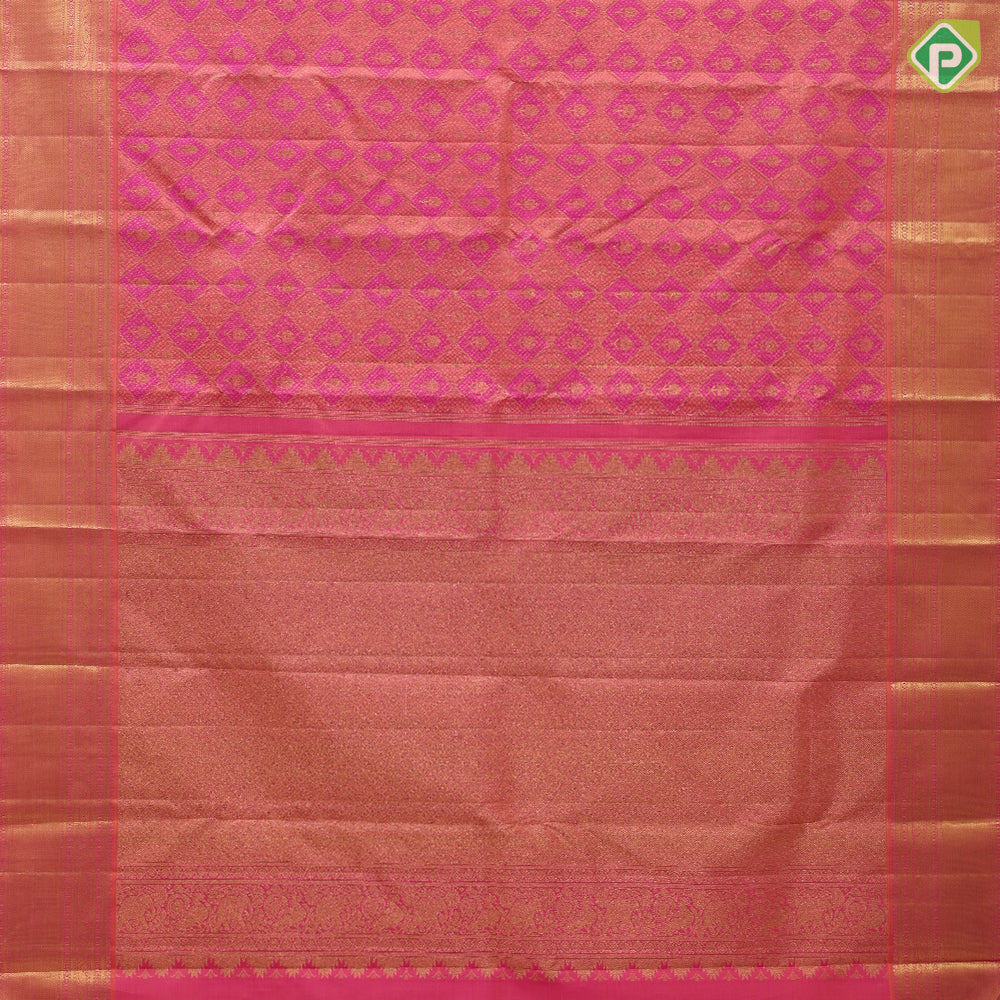 Peach orange and pink combo gold zari butta checks self gold zari multi lines border self weaved silk saree