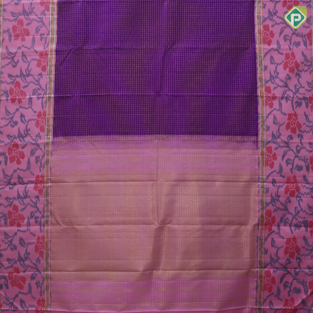 Purple gold zari vairaoosi zari kattam design contrast pink digital ikkat style silver gold zari retta pattai border fusion silk saree