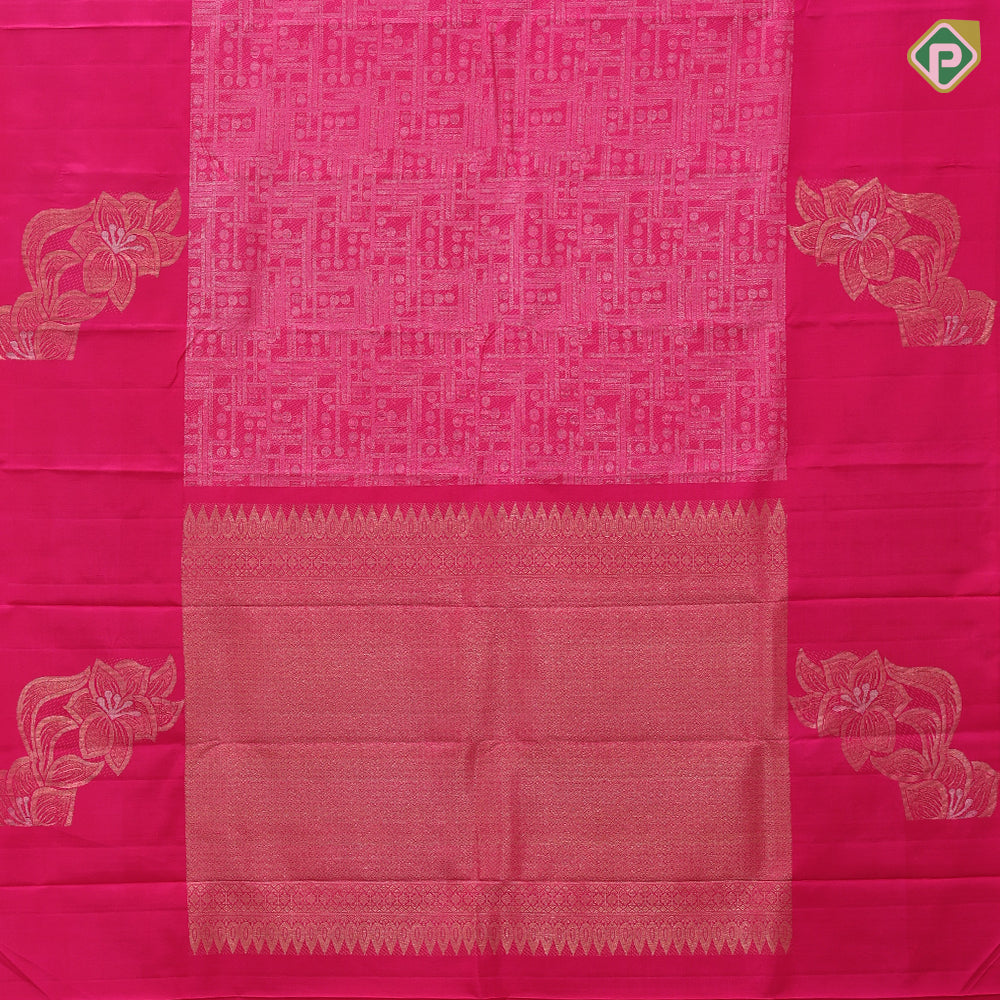 Rose pink cream thread work fancy design self plain gold zari fancy flower butta border trendy designer silk saree