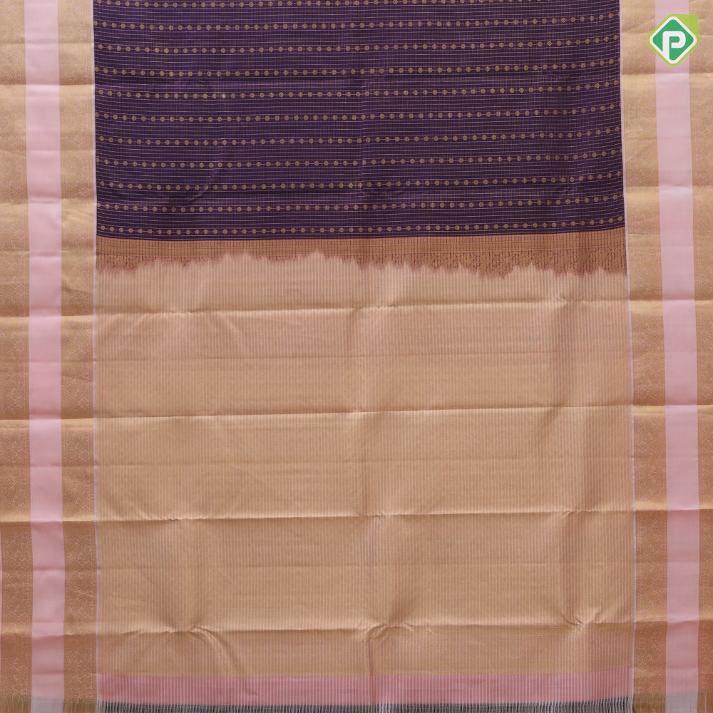 Deep brown gold zari checks and beads design peach gold zari rettapet border gift silk saree