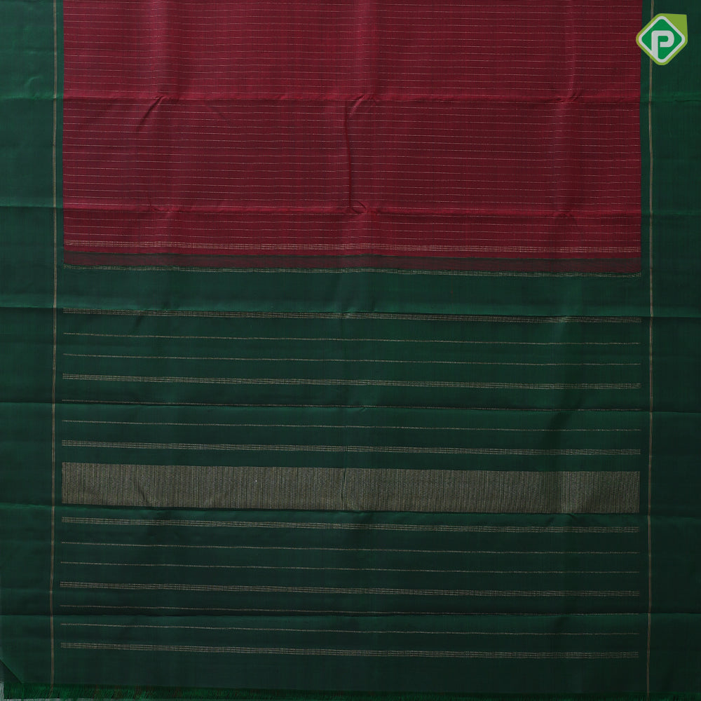 Magenta copper gold zari beads stripes design dark green plain gold zari two lines border traditional silk saree
