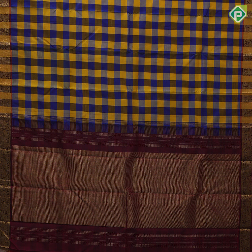 Multi color checks paalum pazhamum kattam self gold zari peacock butta design traditional silk saree