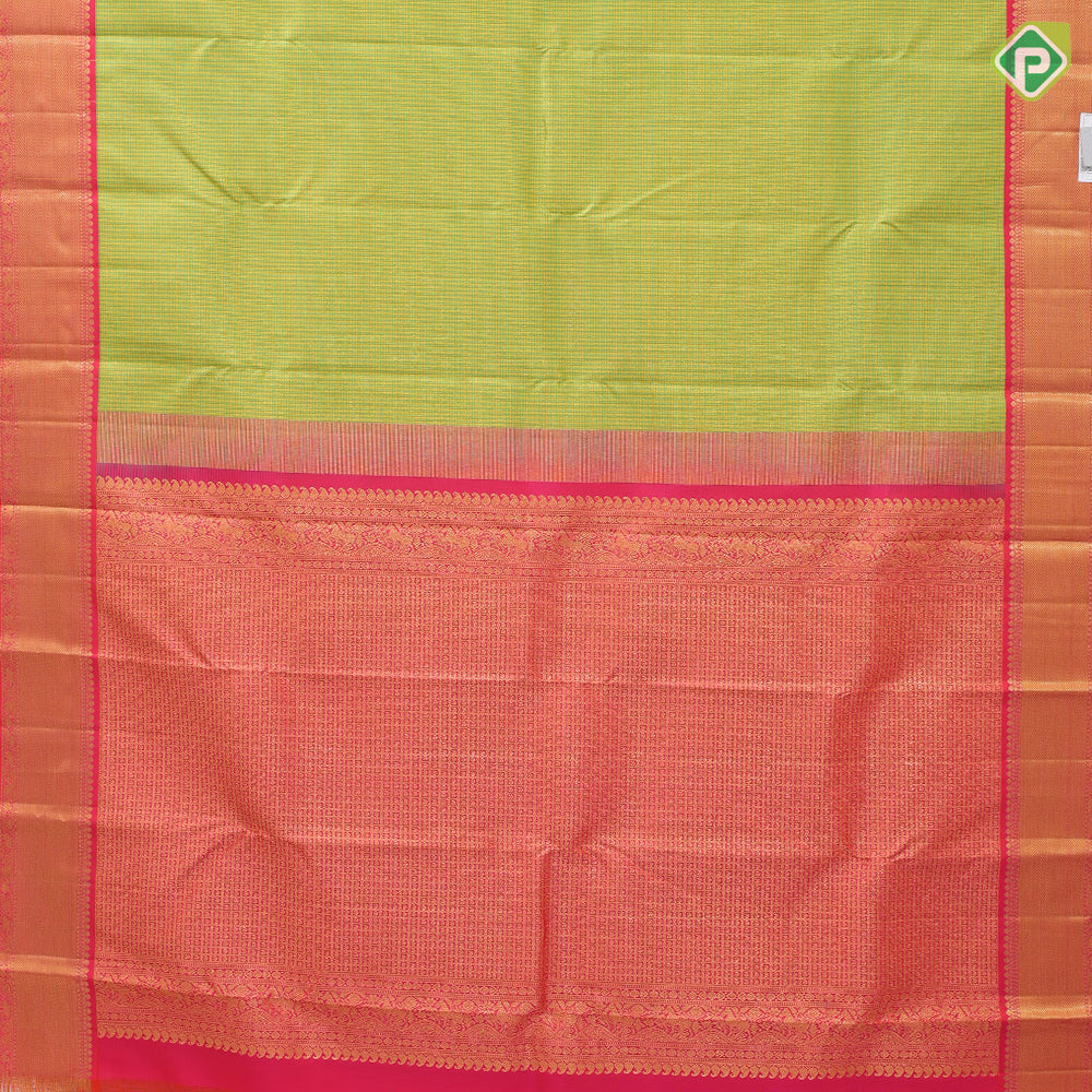 yellow green gold zari micro checks design reddish pink gold zari bavanji border retro traditional silk saree
