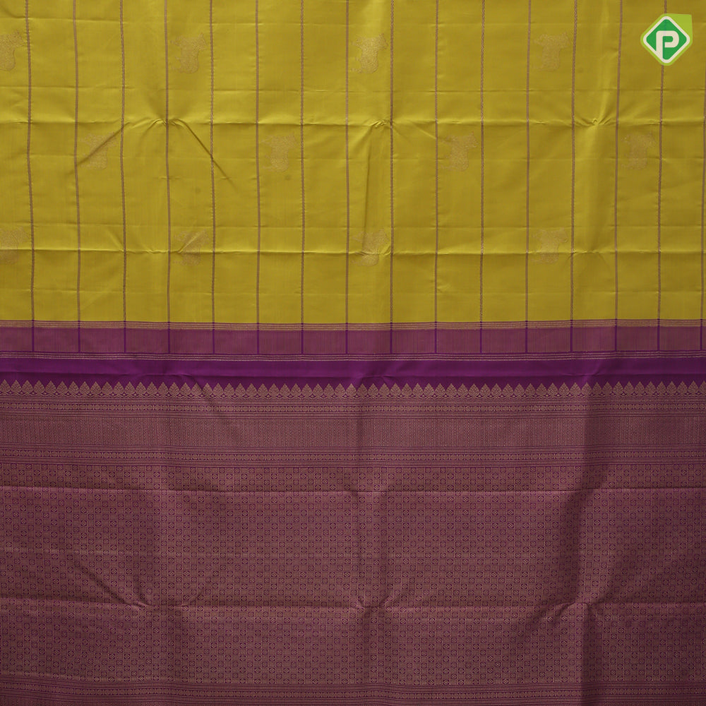 Lemon yellow gold zari Gomadha and zari lines self gold zari and purple edge border traditional silk saree