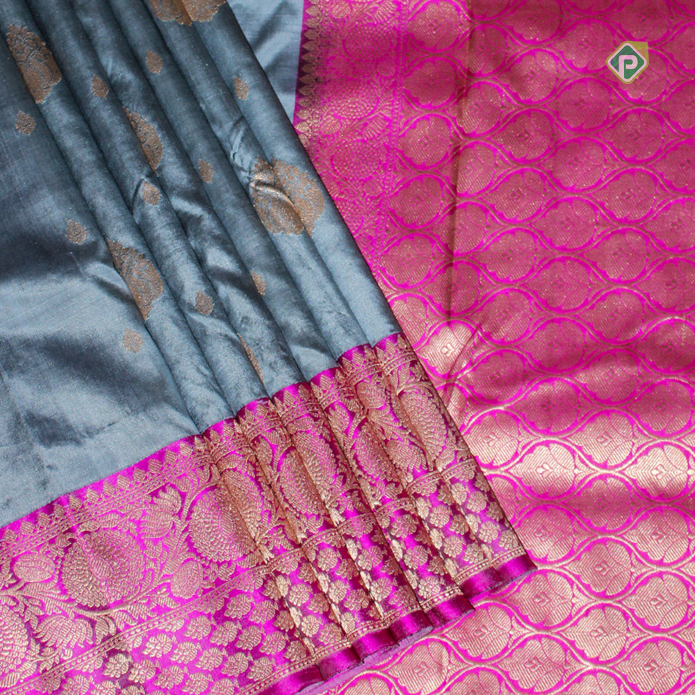 Silver Grey Two line Gold Zari Border Pure Banarasi Silk Saree