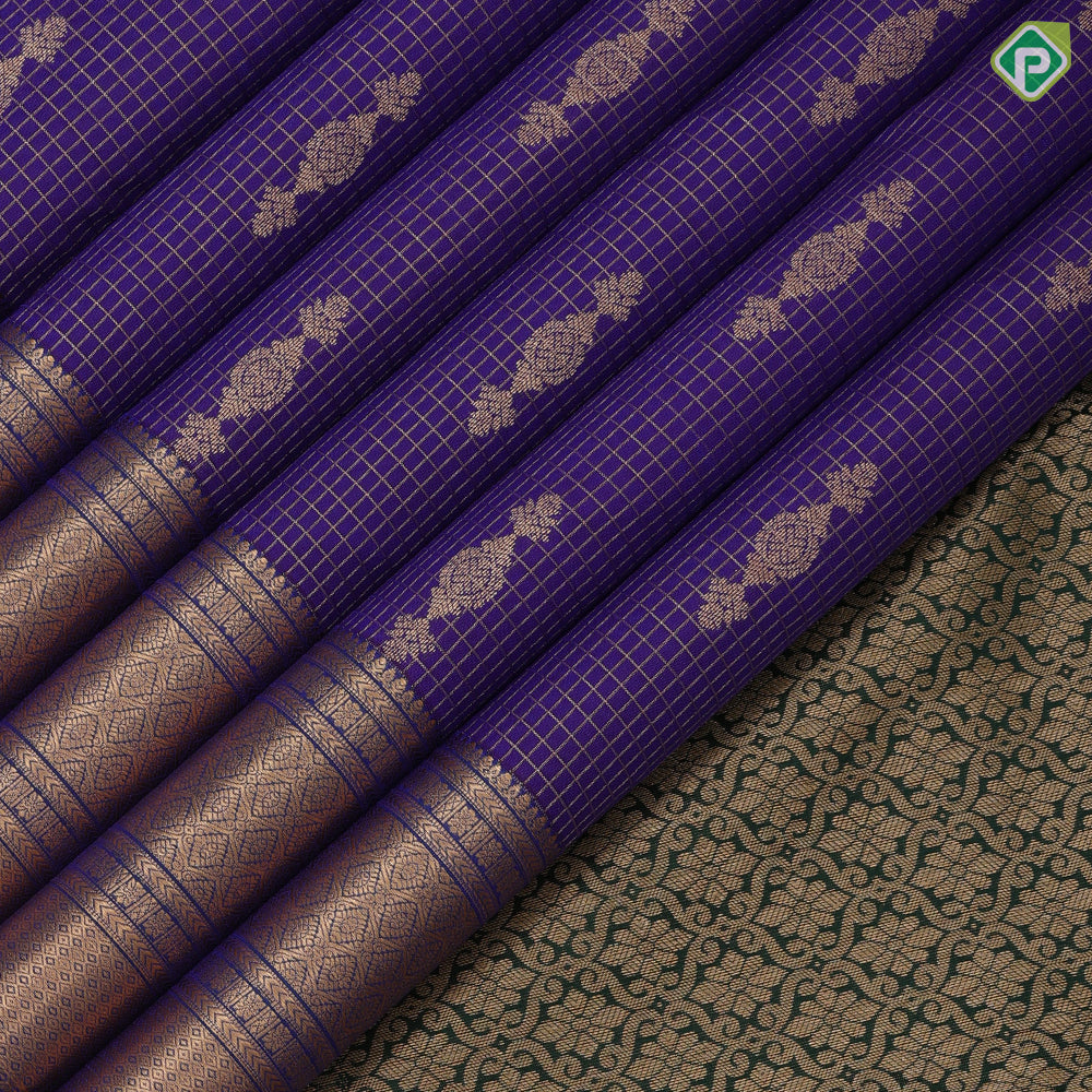 Violet Gold Zari Vairaoosi Checks Jhumki Design Self Colour Mayilkan Flower Border Design Traditional Silk Saree