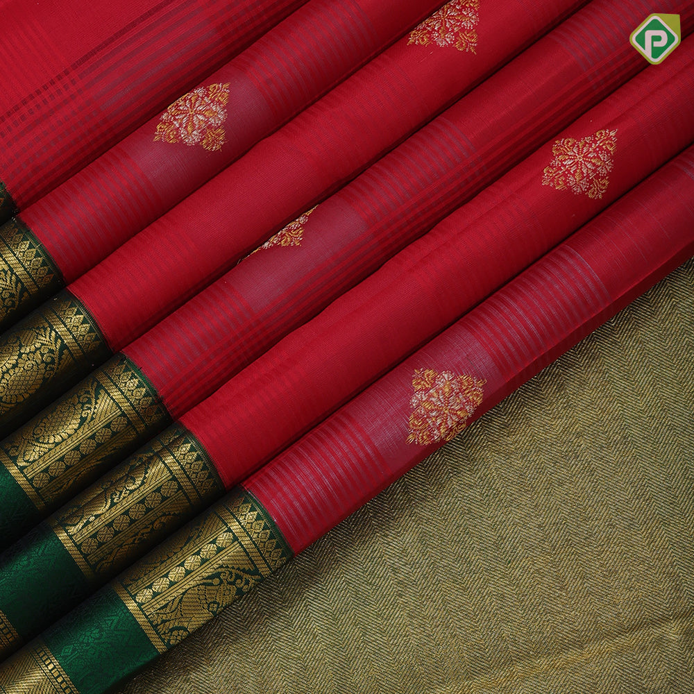 Chilly red kora design silver gold zari diamond butta bottle green gold zari meena work border traditional silk saree