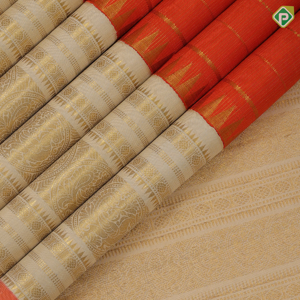 Tiger orange gold zari velthari lines design cream white gold zari peacock round multi lines border traditional vintage silk saree