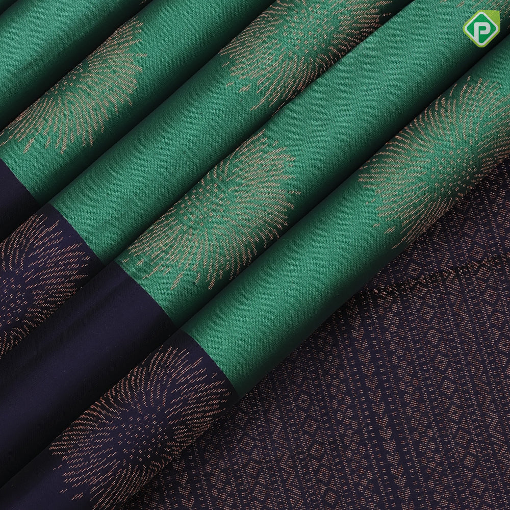 Teel green copper zari fancy flower butta contrast blue copper zari flower border pure mix soft silk saree