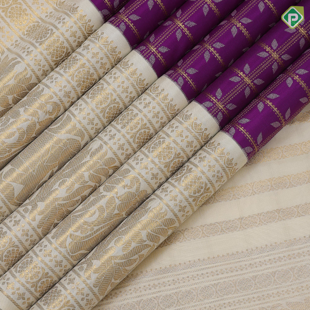 Purple silver gold zari floral designed checks milk white gold zari elephant floral rangoli design border bridal silk saree
