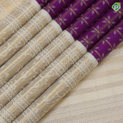 Purple silver gold zari floral designed checks milk white gold zari elephant floral rangoli design border bridal silk saree