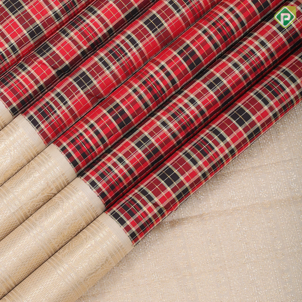 Tri color with gold zari checks design cream white gold zari peacock annam mid mayikan border traditional silk saree
