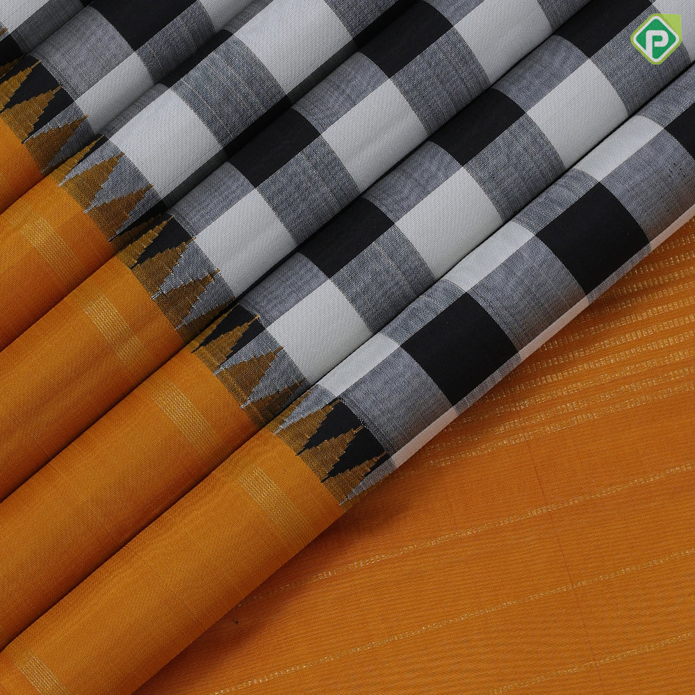 Black and white chess board checks design mango yellow gold zari rettapett border traditional silk saree