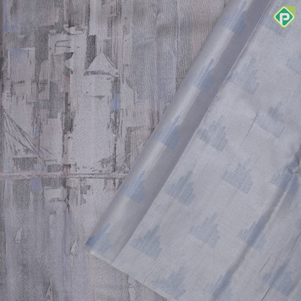 Smoke grey base silent feature painting inspired art effect zari by zari master weaved exclusive silk saree
