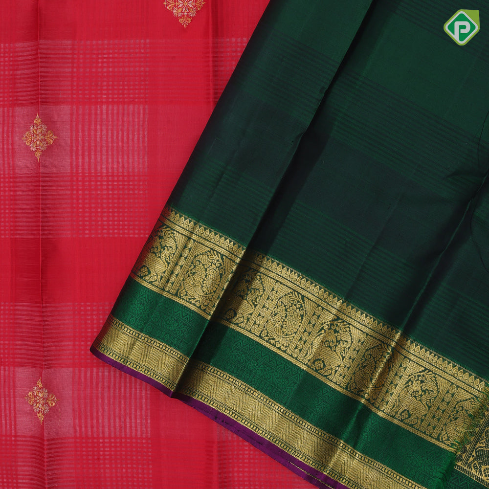 Chilly red kora design silver gold zari diamond butta bottle green gold zari meena work border traditional silk saree